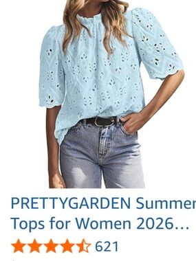 Pretty Garden Light Blue Eyelet Ruffle Short Sleeve Women's Top